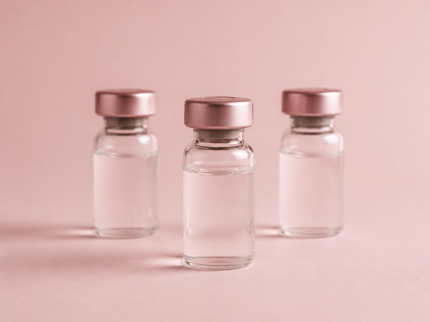 Three glass research peptide vials with rose-pink caps on a blush pink studio background